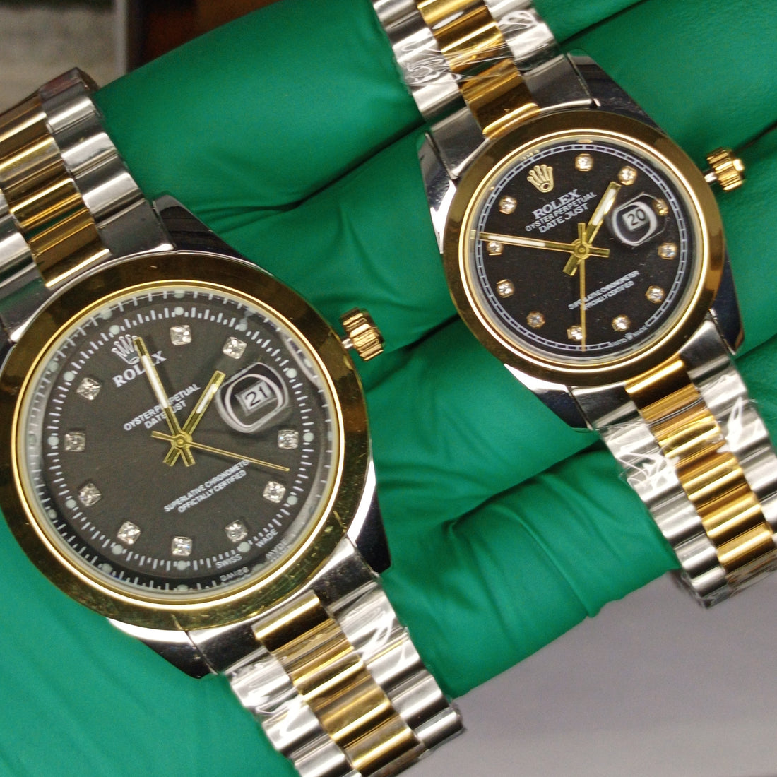 Rolex Style Two-Tone Couple's Set: Brown Diamond Dial & Oyster Bracelet