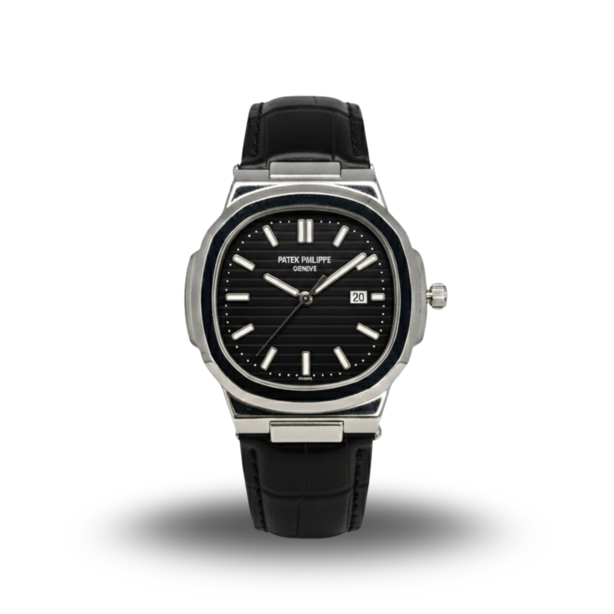 Patek philip silver with black dial with black leather strap