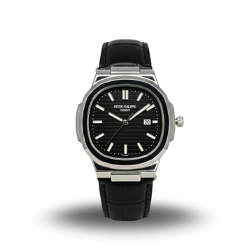Patek philip silver with black dial with black leather strap