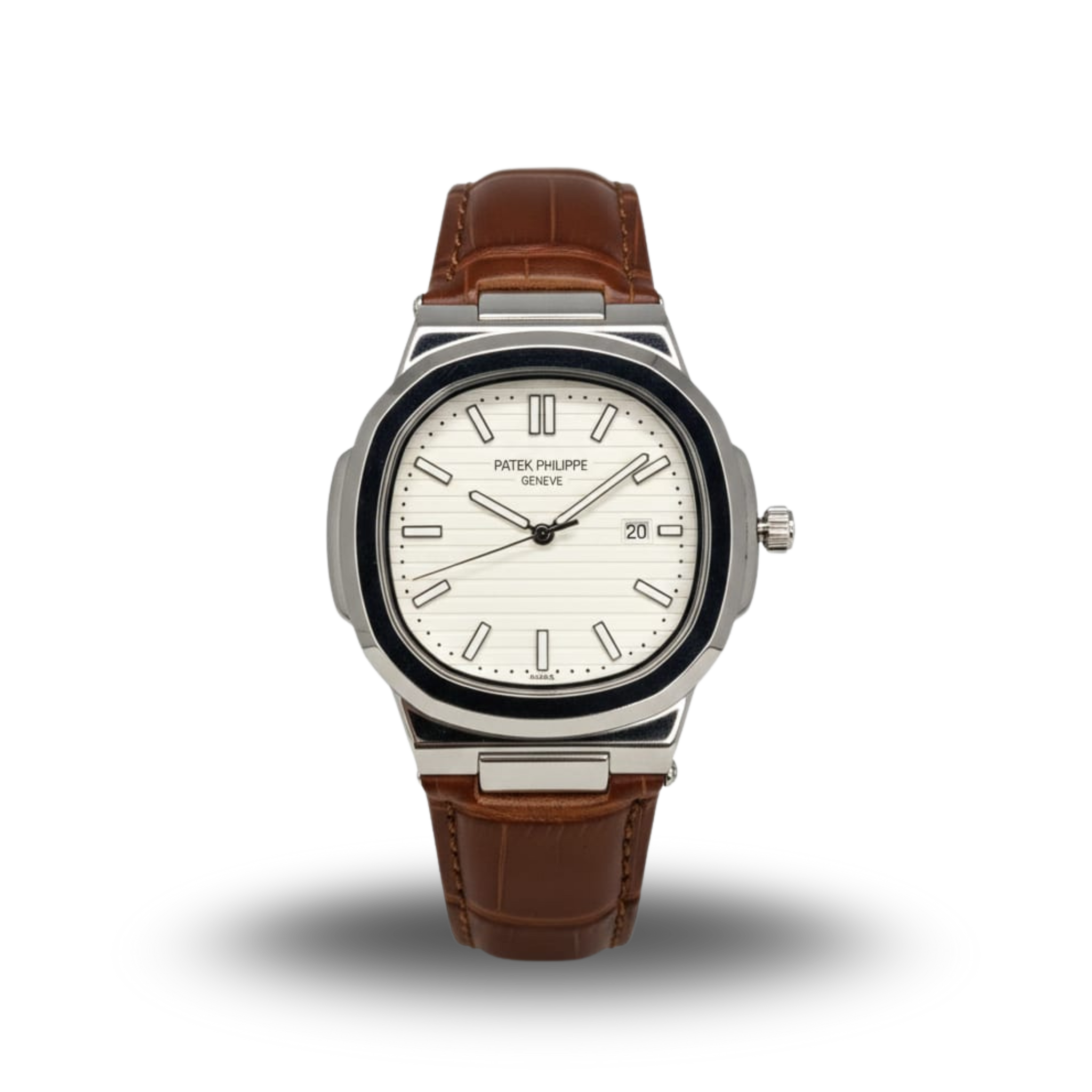 Patek philip silver with white dial with brown leather strap