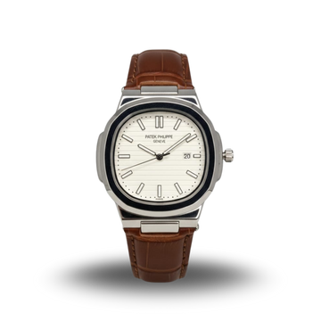 Patek philip silver with white dial with brown leather strap