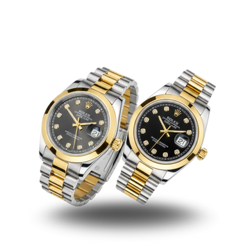 Rolex Style Two-Tone Couple's Set: Brown Diamond Dial & Oyster Bracelet