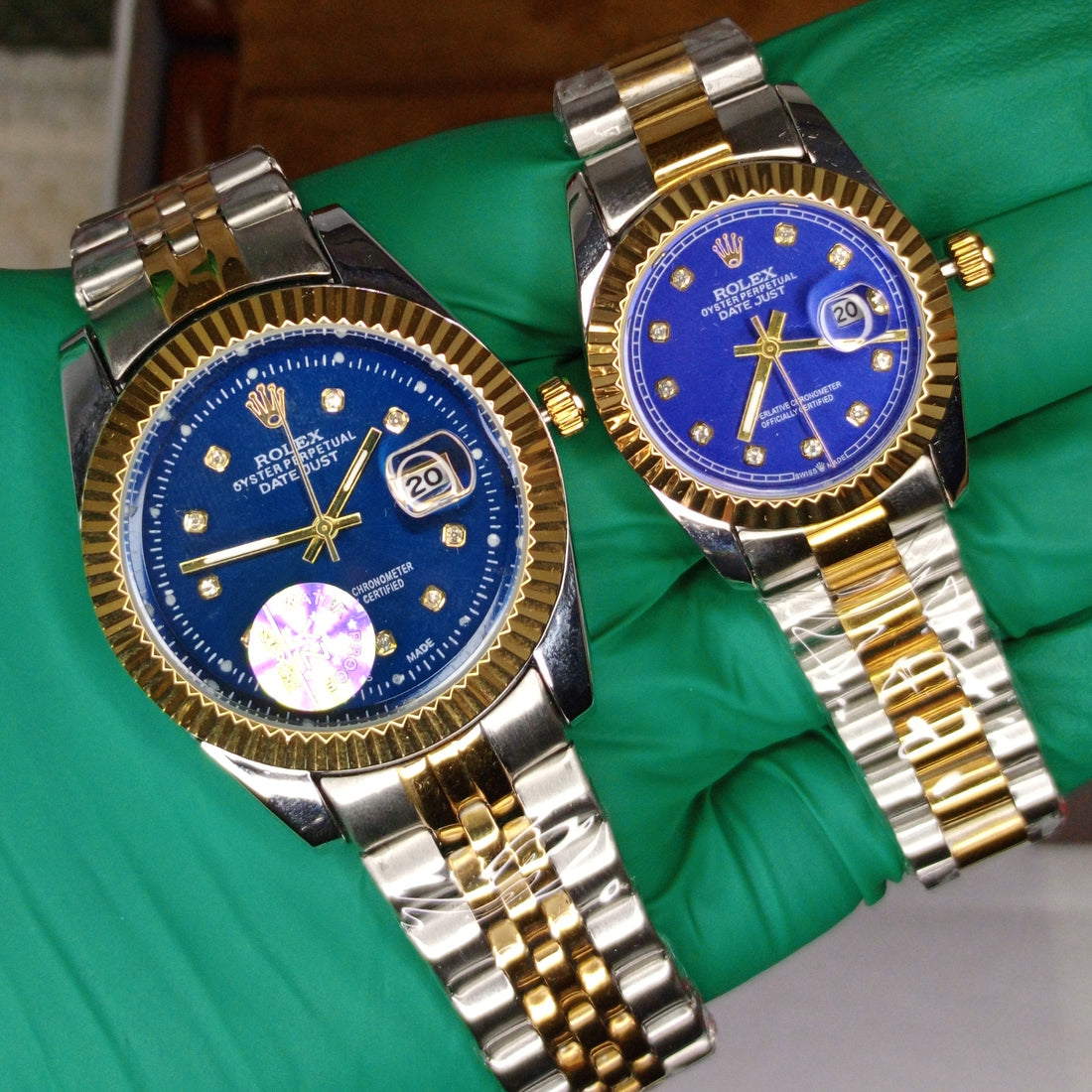 Rolex Style Two-Tone Couple's Set: Blue Diamond Dial & Jubilee Bracelet
