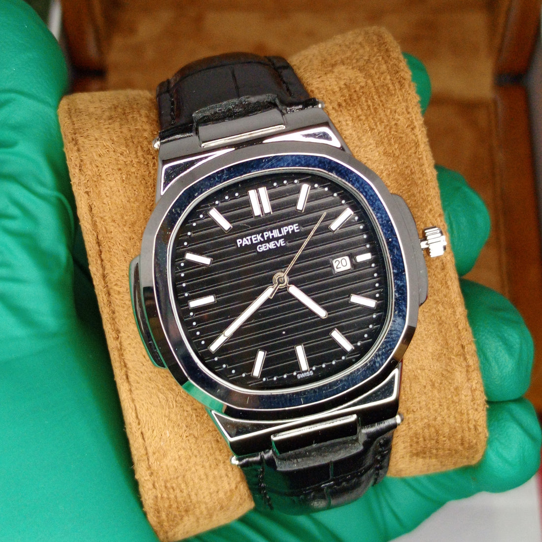 Patek philip silver with black dial with black leather strap