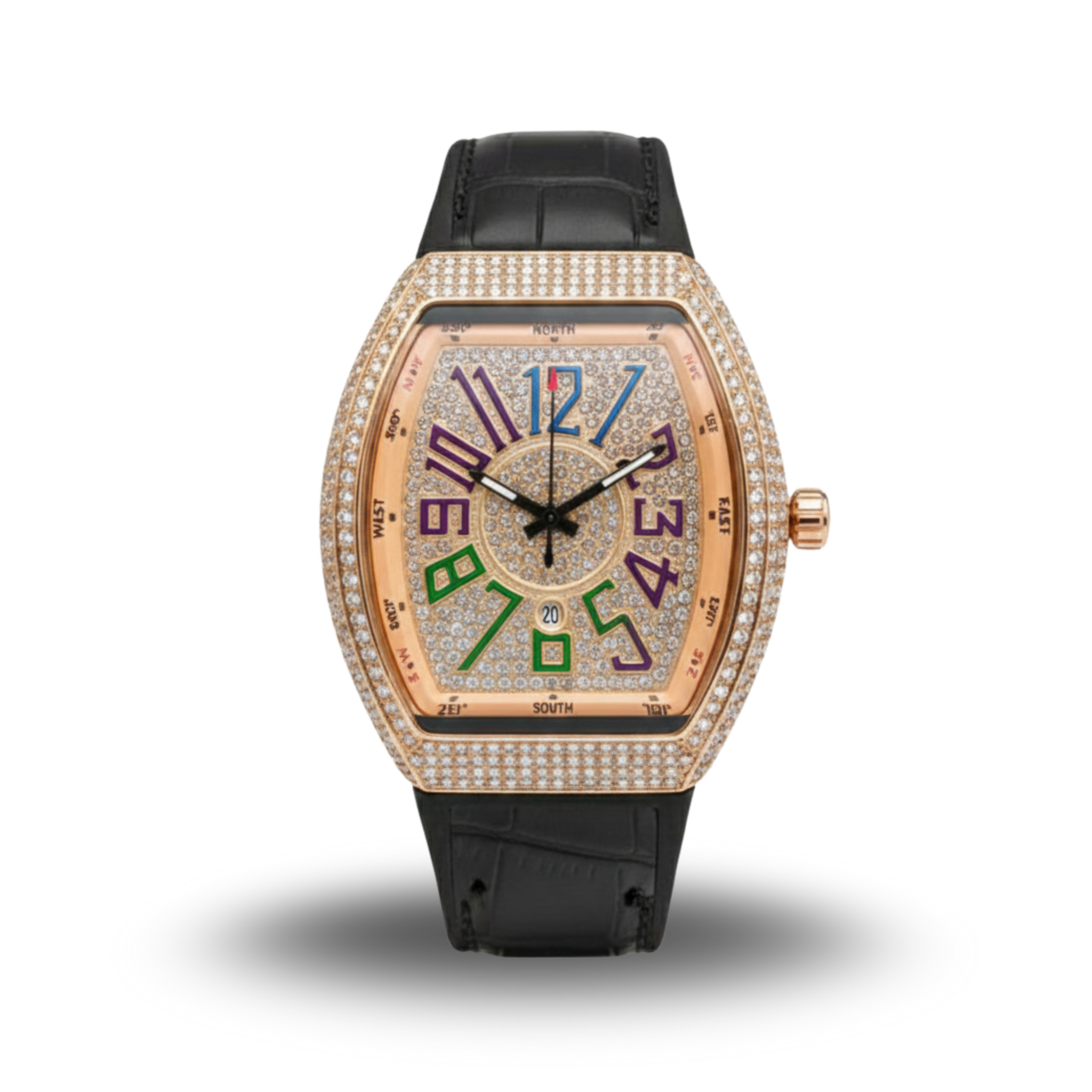 FM Diamond-Cut Rose Gold Watch with Multi-Colored Gemstone Dial