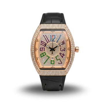 FM Diamond-Cut Rose Gold Watch with Multi-Colored Gemstone Dial
