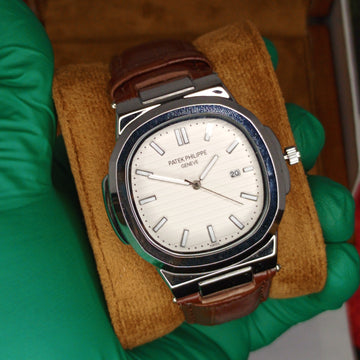 Patek philip silver with white dial with brown leather strap