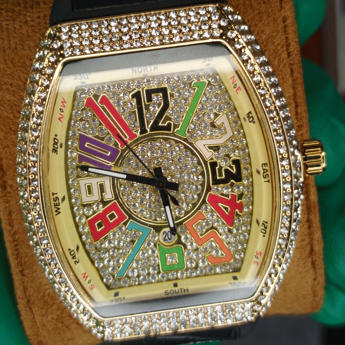 FM Diamond-Cut Rose Gold Watch with Multi-Colored Gemstone Dial