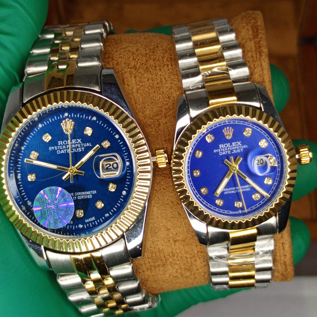 Rolex Style Two-Tone Couple's Set: Blue Diamond Dial & Jubilee Bracelet