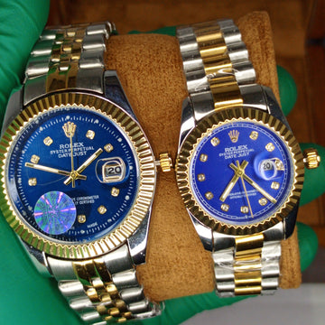 Rolex Style Two-Tone Couple's Set: Blue Diamond Dial & Jubilee Bracelet