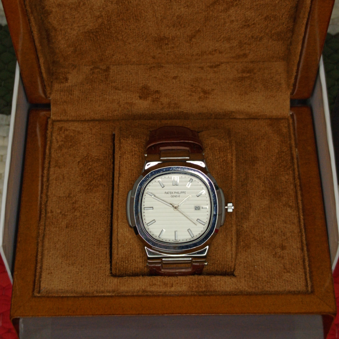 Patek philip silver with white dial with brown leather strap