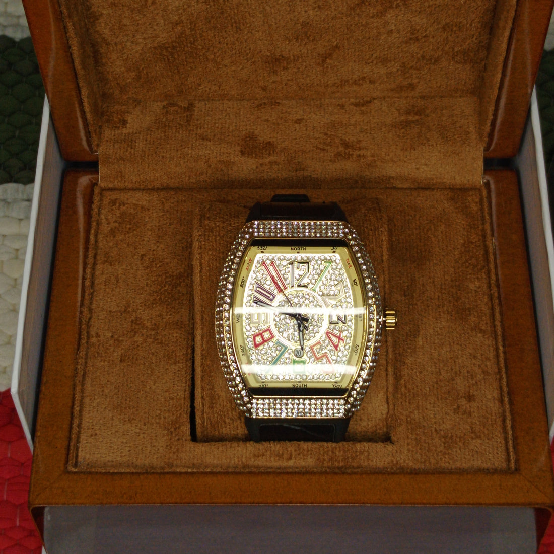 FM Diamond-Cut Rose Gold Watch with Multi-Colored Gemstone Dial