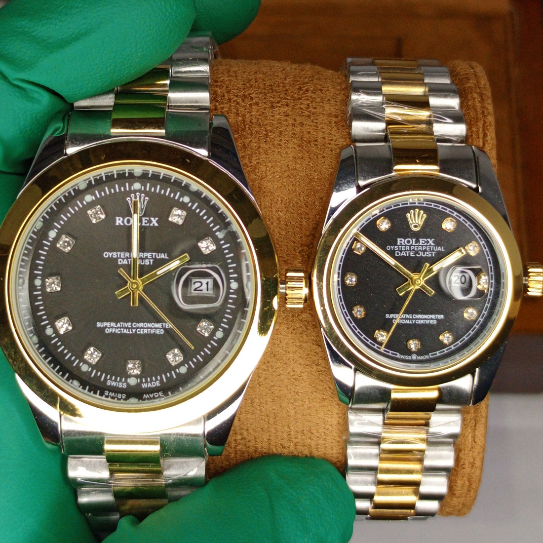Rolex Style Two-Tone Couple's Set: Brown Diamond Dial & Oyster Bracelet